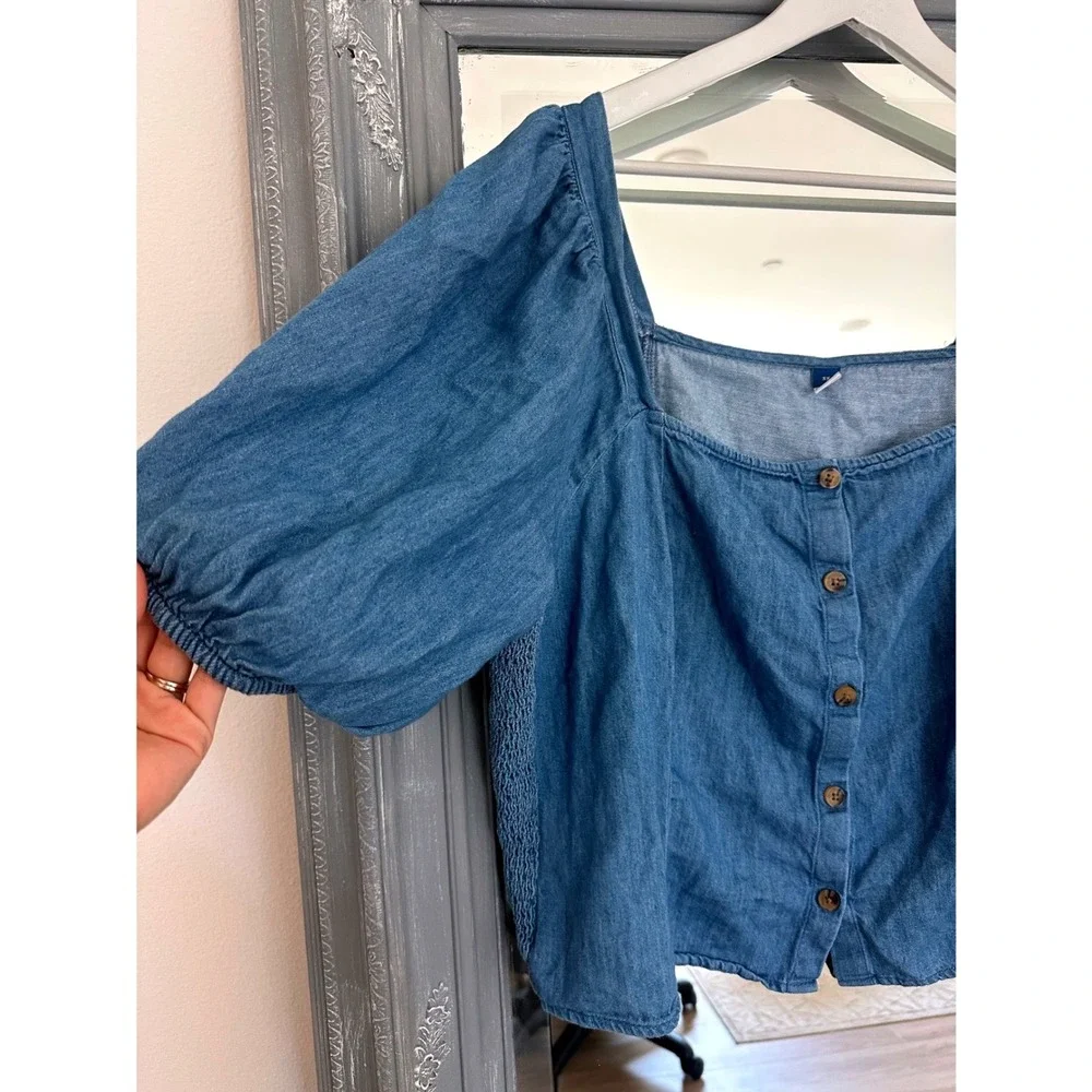 Old Navy Milkmaid Denim Chambray Puff Sleeve Square Neck Button Front Top 3X